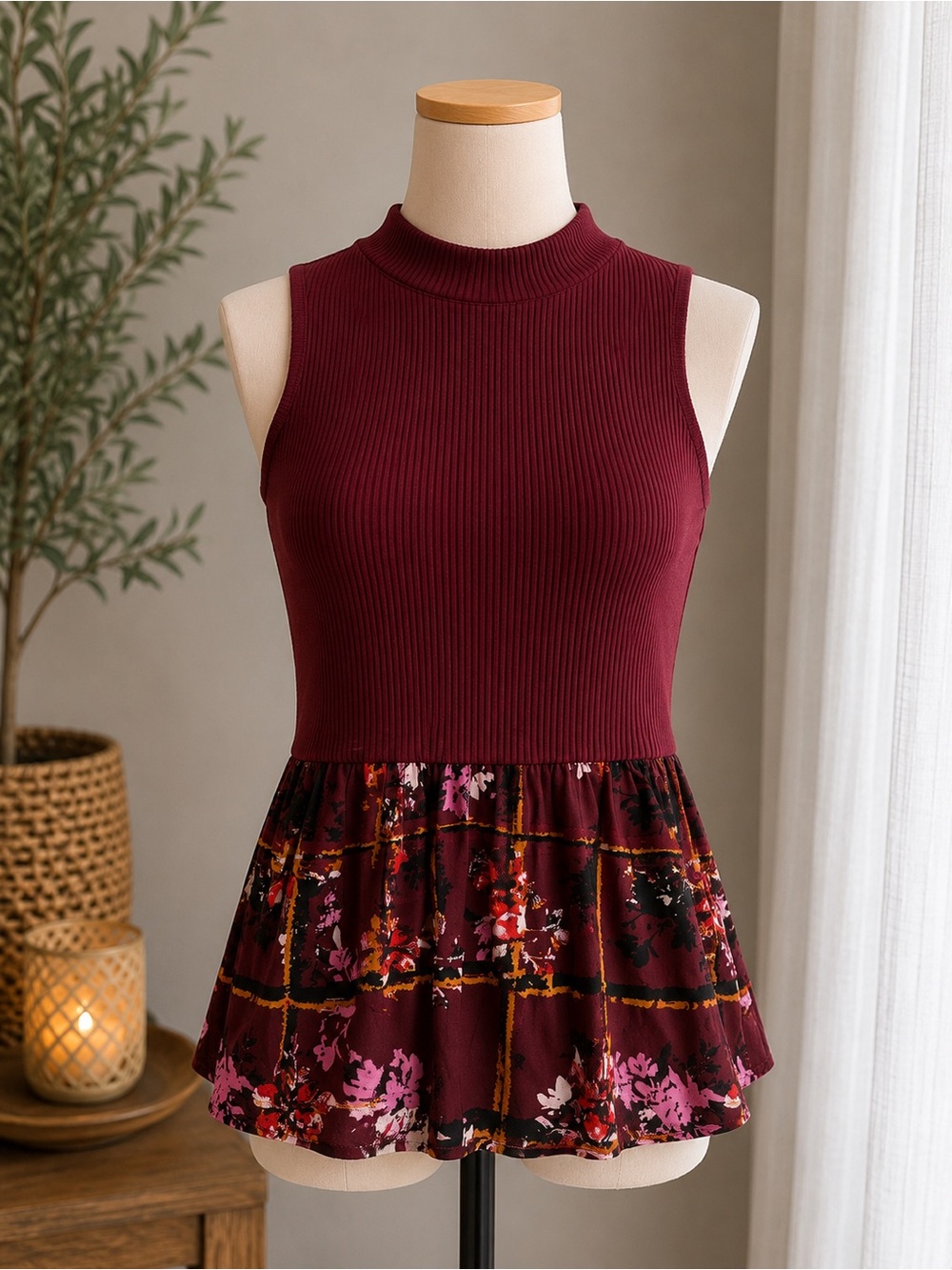 Candie’s XS Sleeveless Ribbed Peplum Top Burgundy Floral Mock Neck